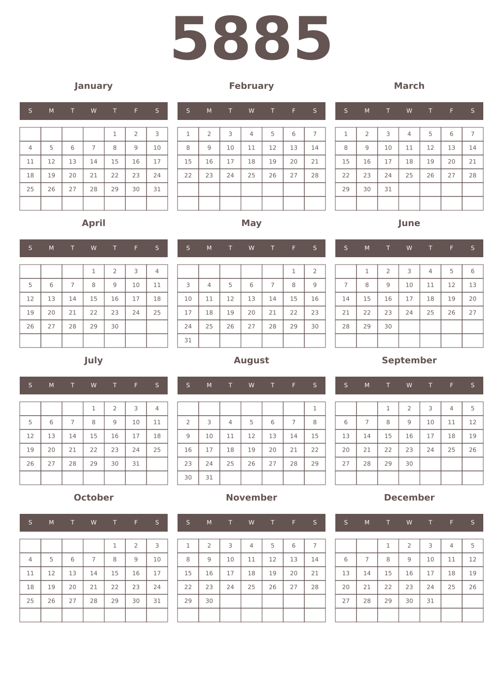 Printable 5885 Year Calendars wenge