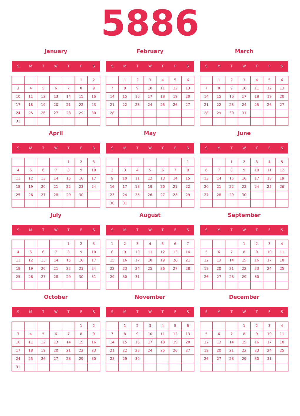 Printable 5886 Year Calendars amaranth
