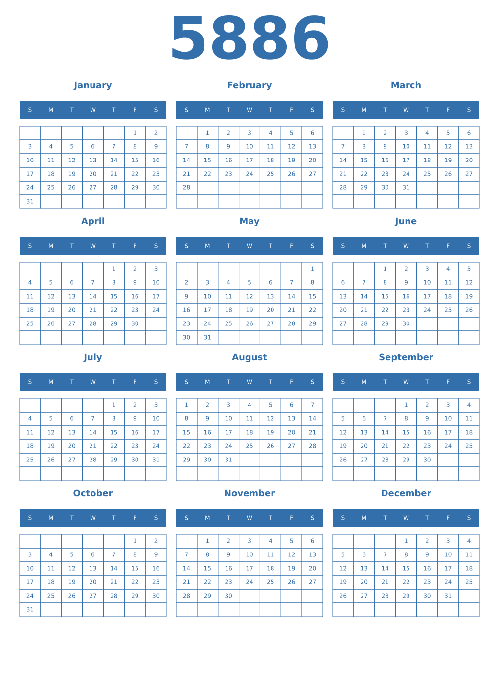 Printable 5886 Year Calendars blue