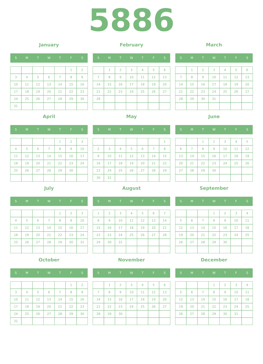 Printable 5886 Year Calendars celadon