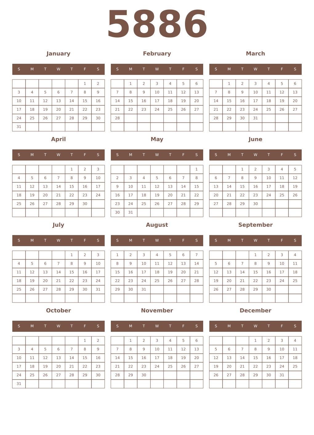 Printable 5886 Year Calendars coffe