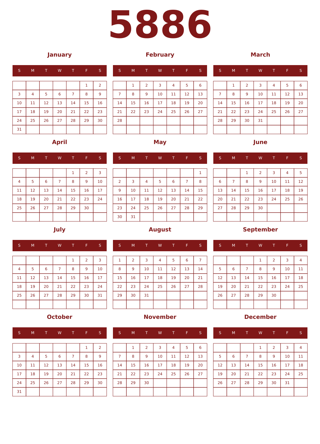 Printable 5886 Year Calendars falu