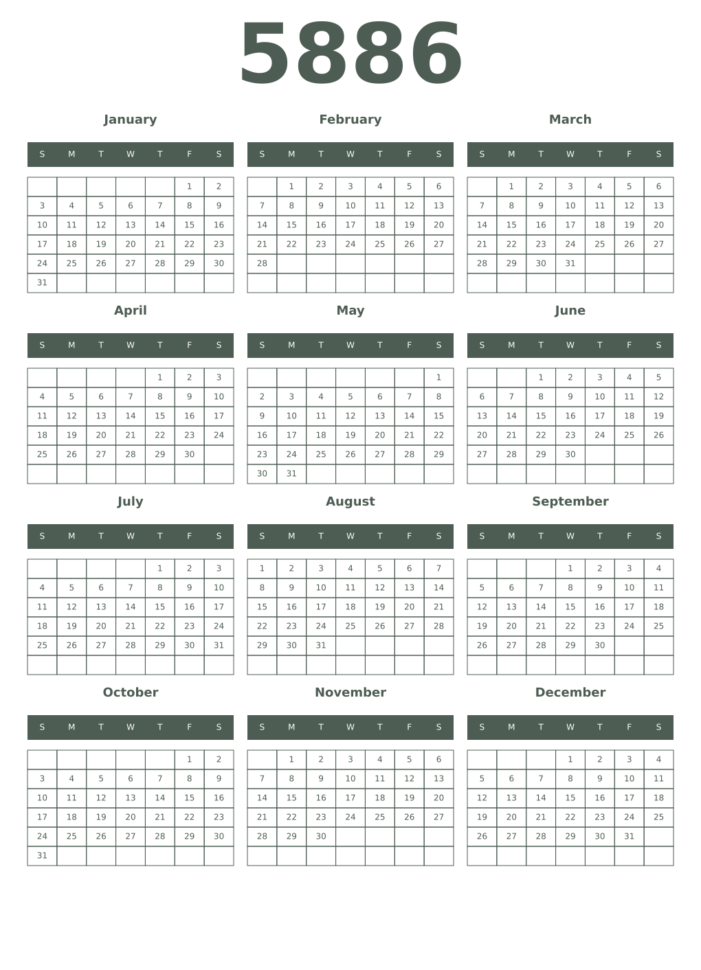 Printable 5886 Year Calendars feldgrau