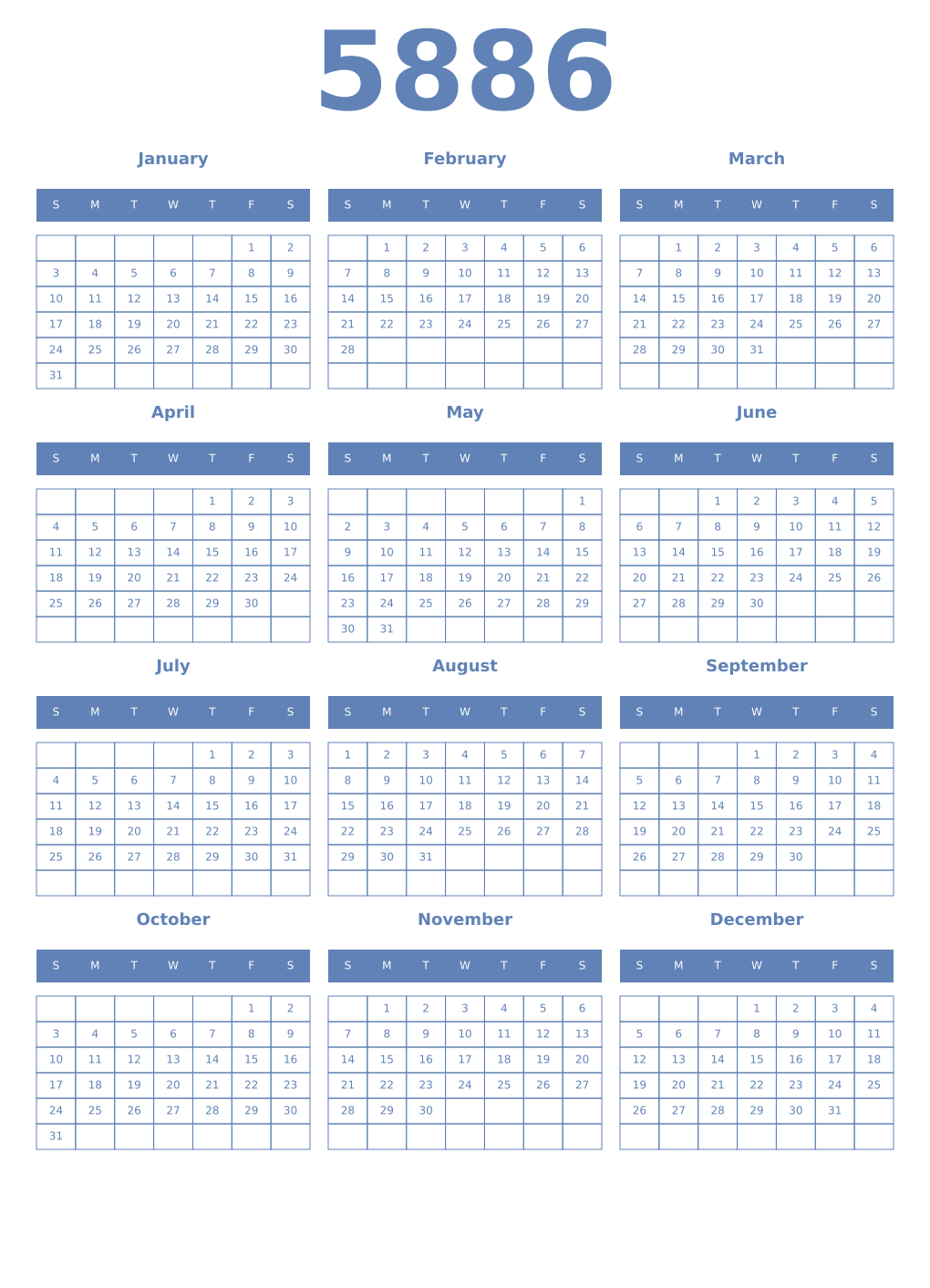 Printable 5886 Year Calendars glaucous