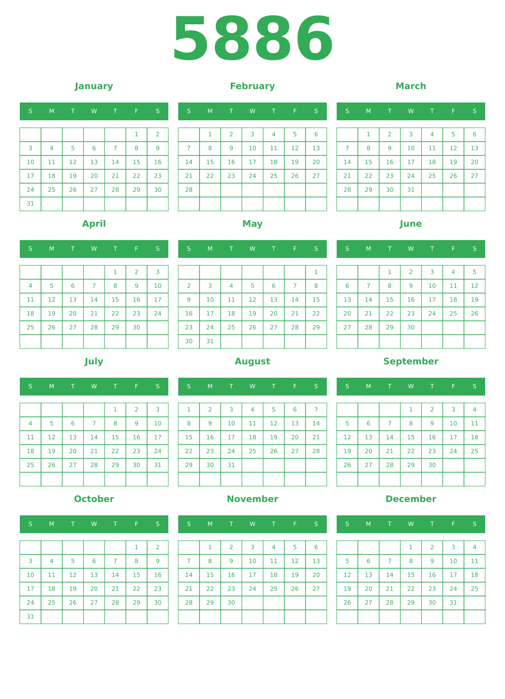 Printable 5886 Year Calendars green