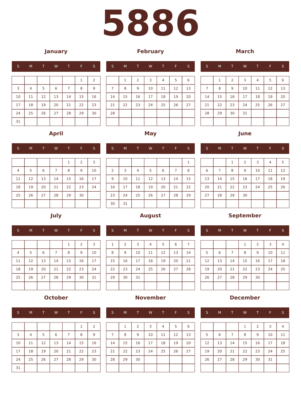 Printable 5886 Year Calendars mortuum