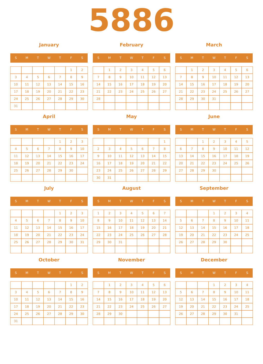 Printable 5886 Year Calendars orange
