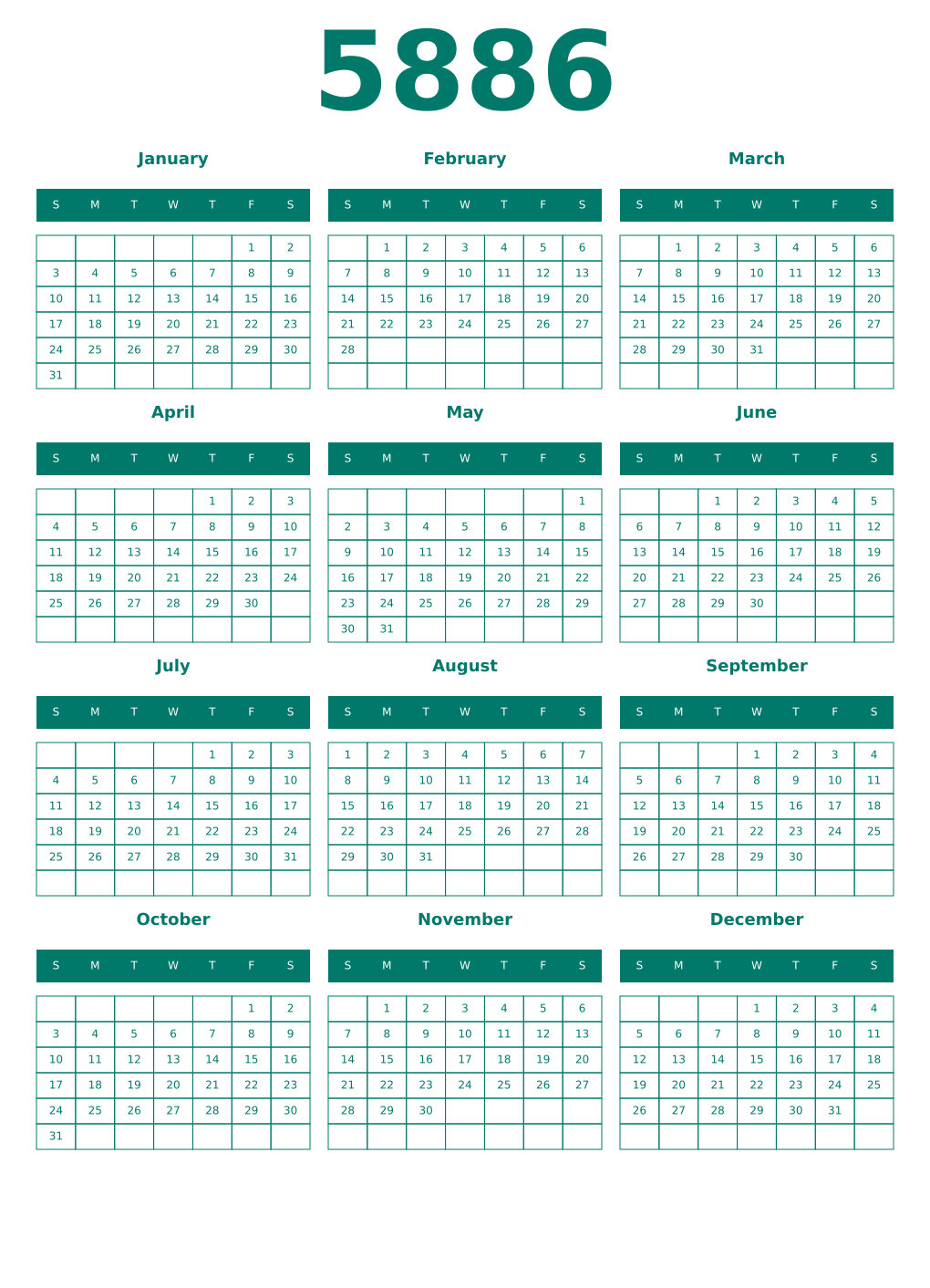 Printable 5886 Year Calendars pastel