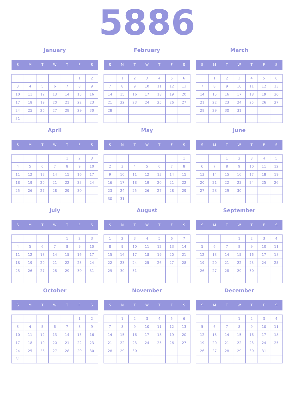 Printable 5886 Year Calendars periwinkle