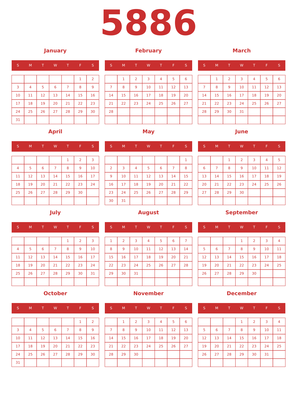 Printable 5886 Year Calendars red