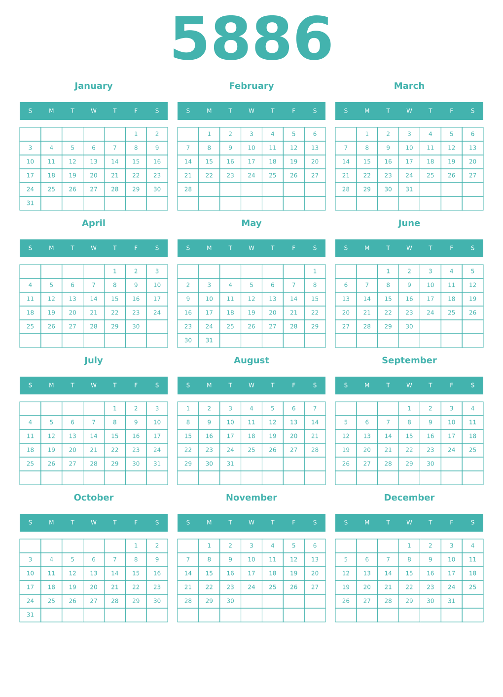 Printable 5886 Year Calendars verdigris