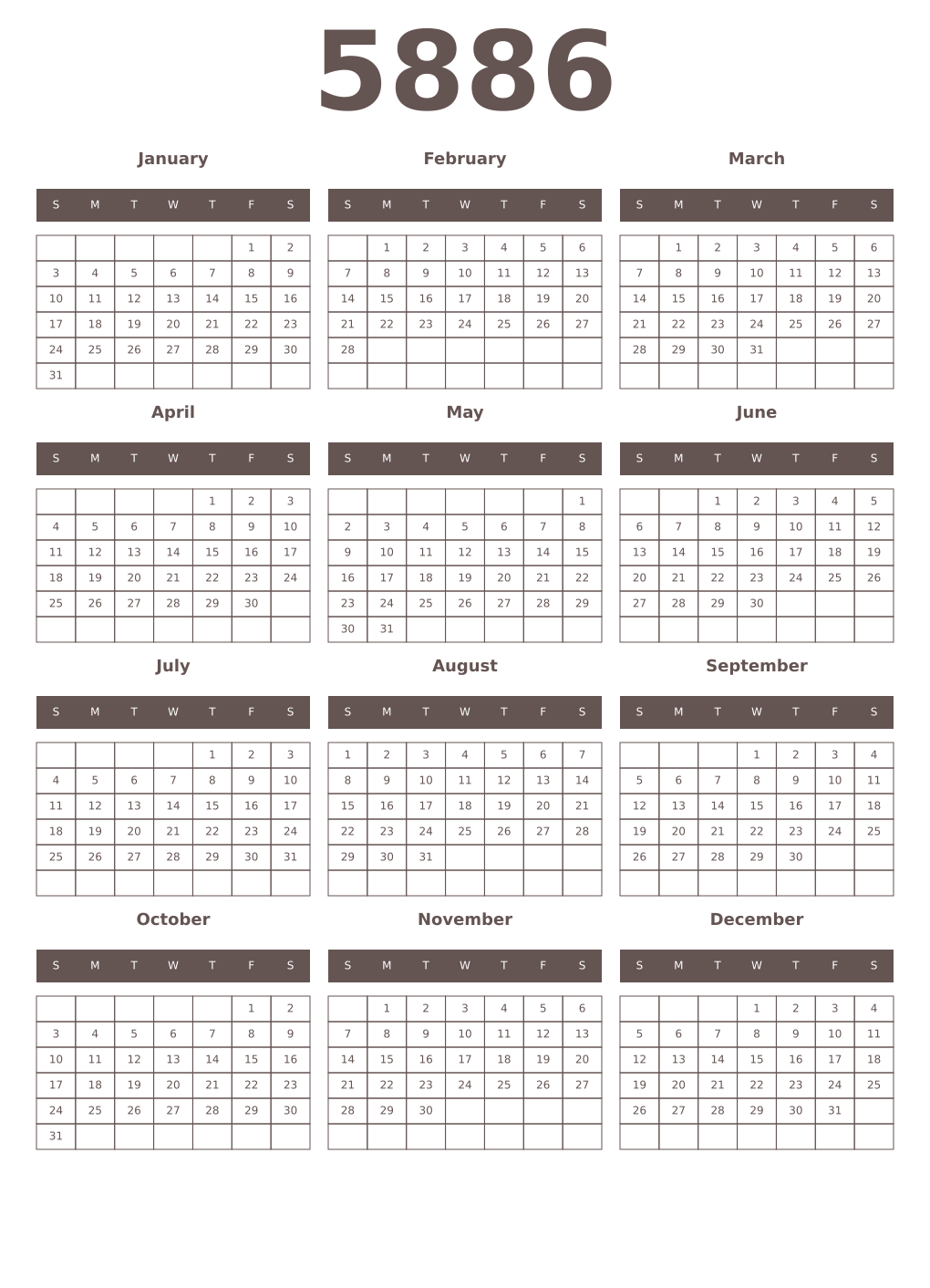 Printable 5886 Year Calendars wenge