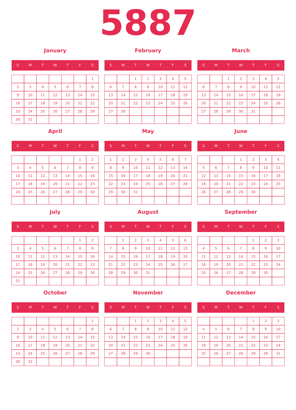 Printable 5887 Year Calendars amaranth