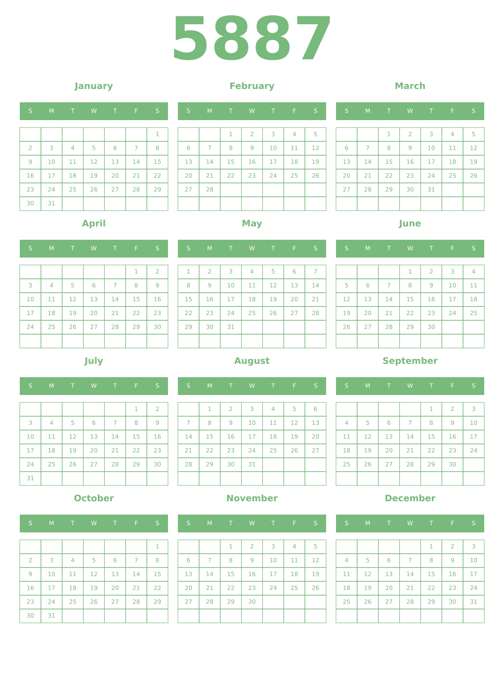 Printable 5887 Year Calendars celadon