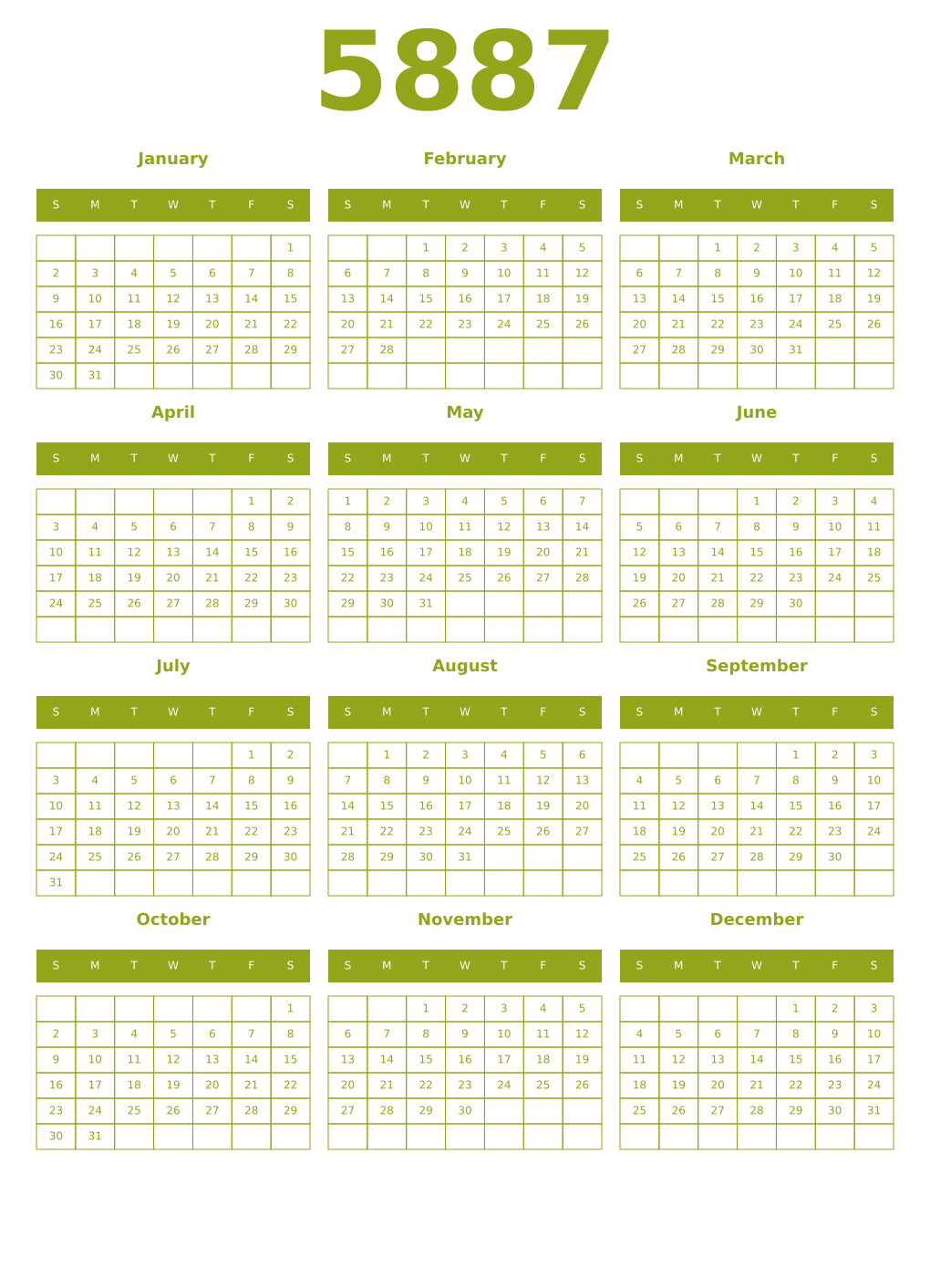 Printable 5887 Year Calendars chartreuse