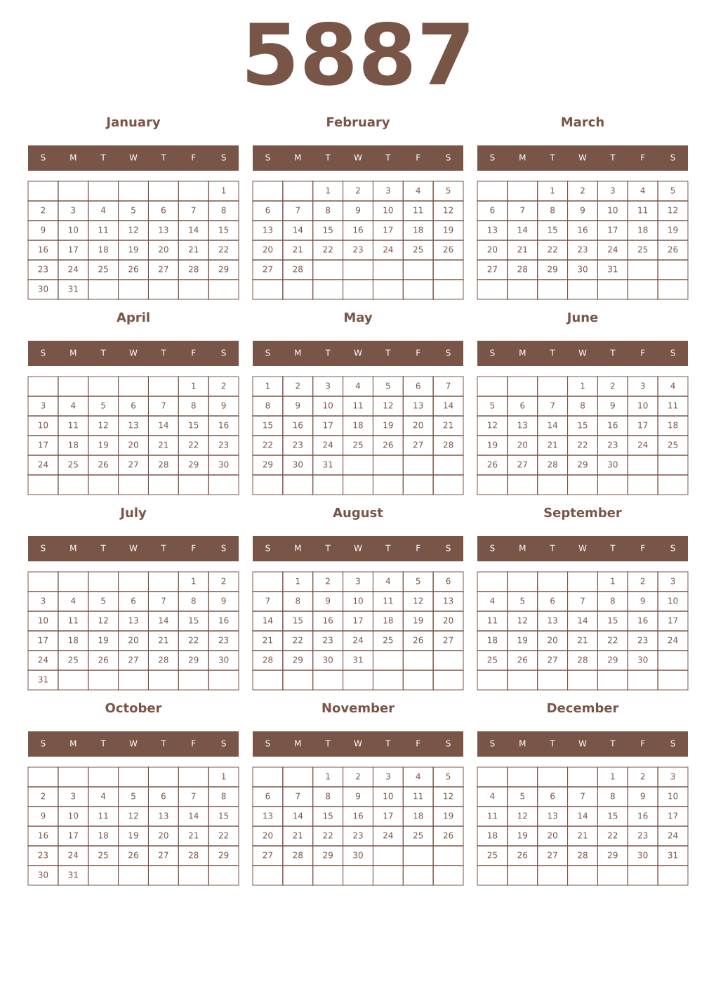 Printable 5887 Year Calendars coffe