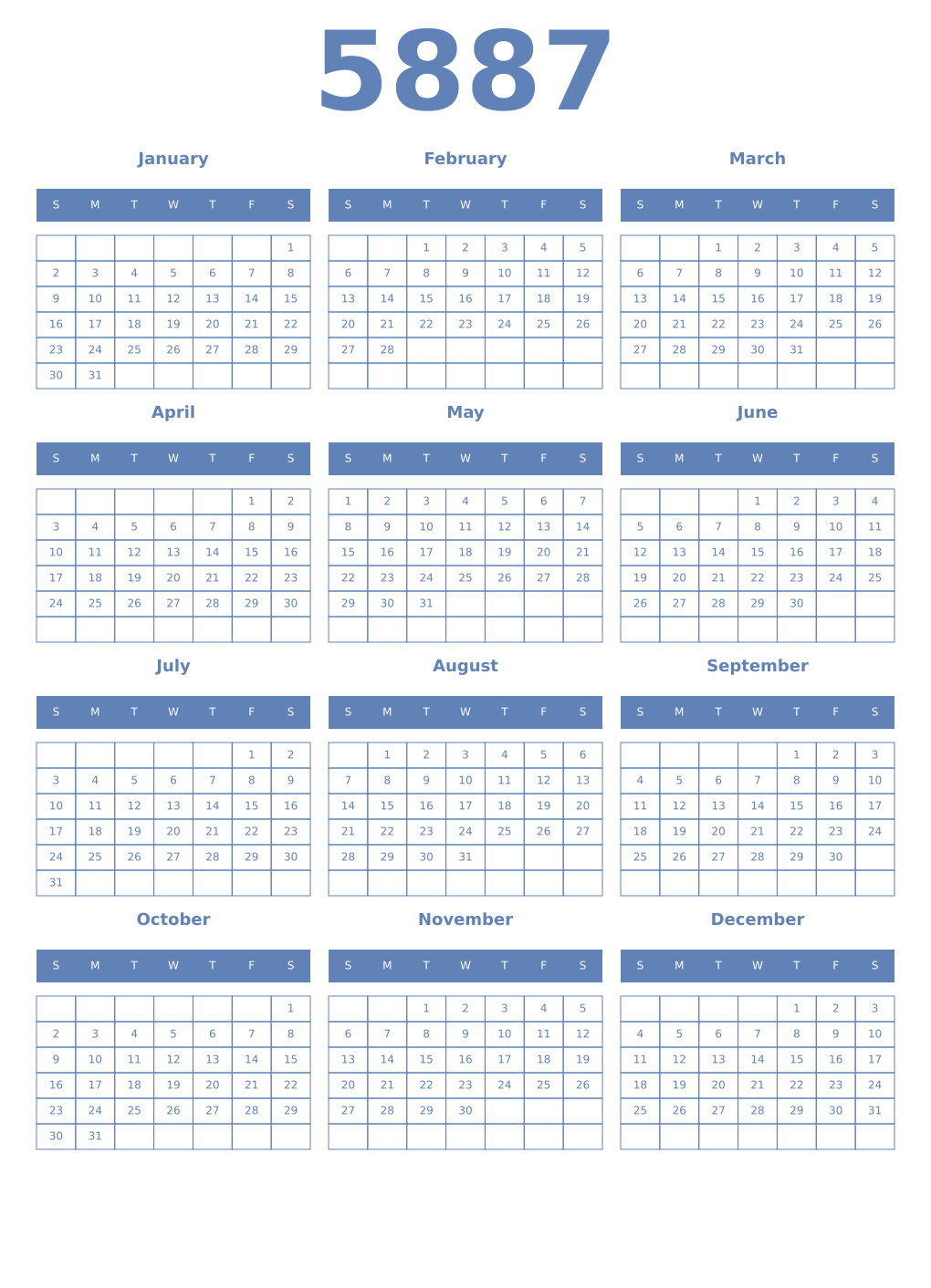 Printable 5887 Year Calendars glaucous