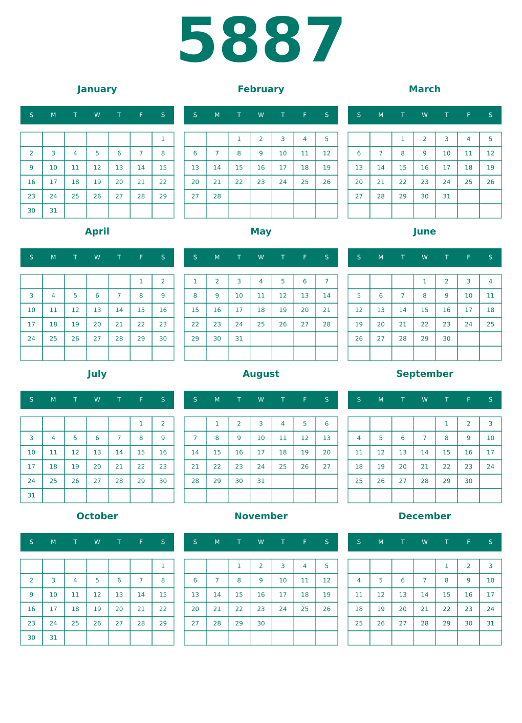 Printable 5887 Year Calendars pastel
