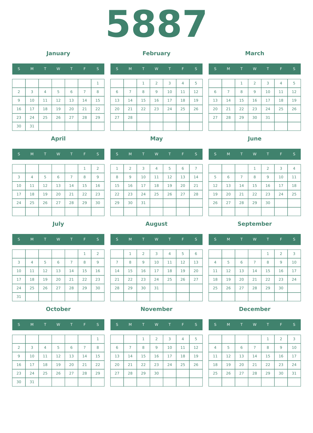 Printable 5887 Year Calendars viridian