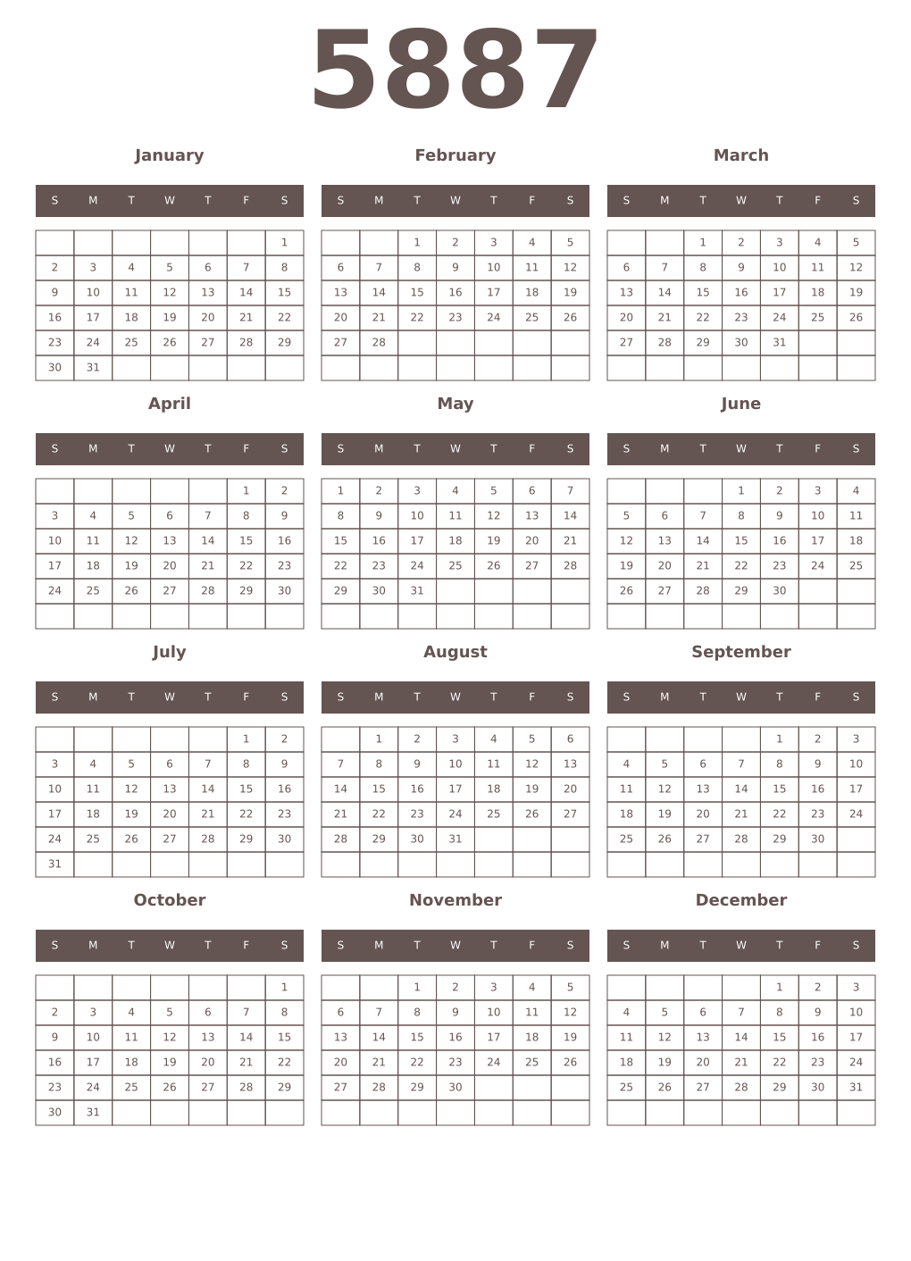 Printable 5887 Year Calendars wenge