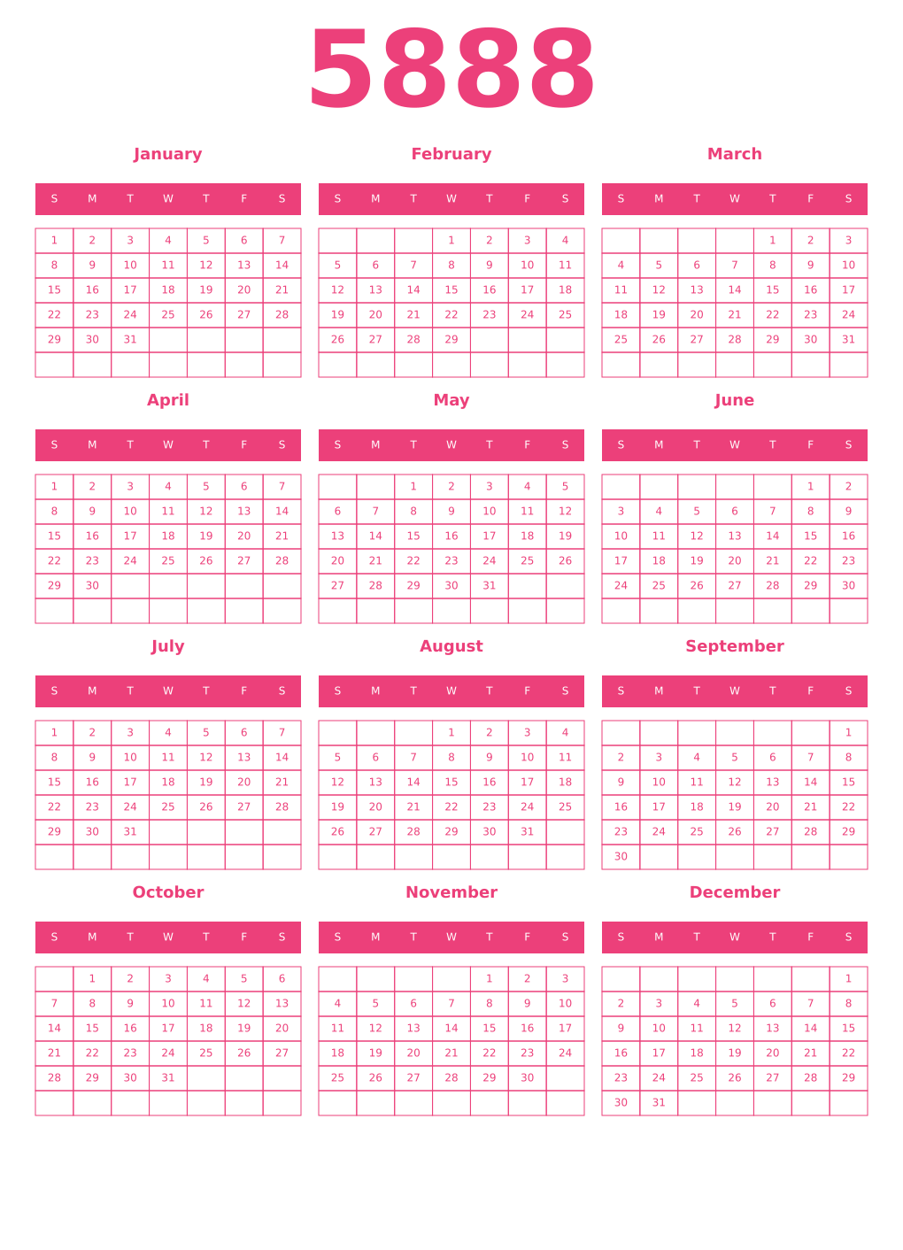 Printable 5888 Year Calendars pink