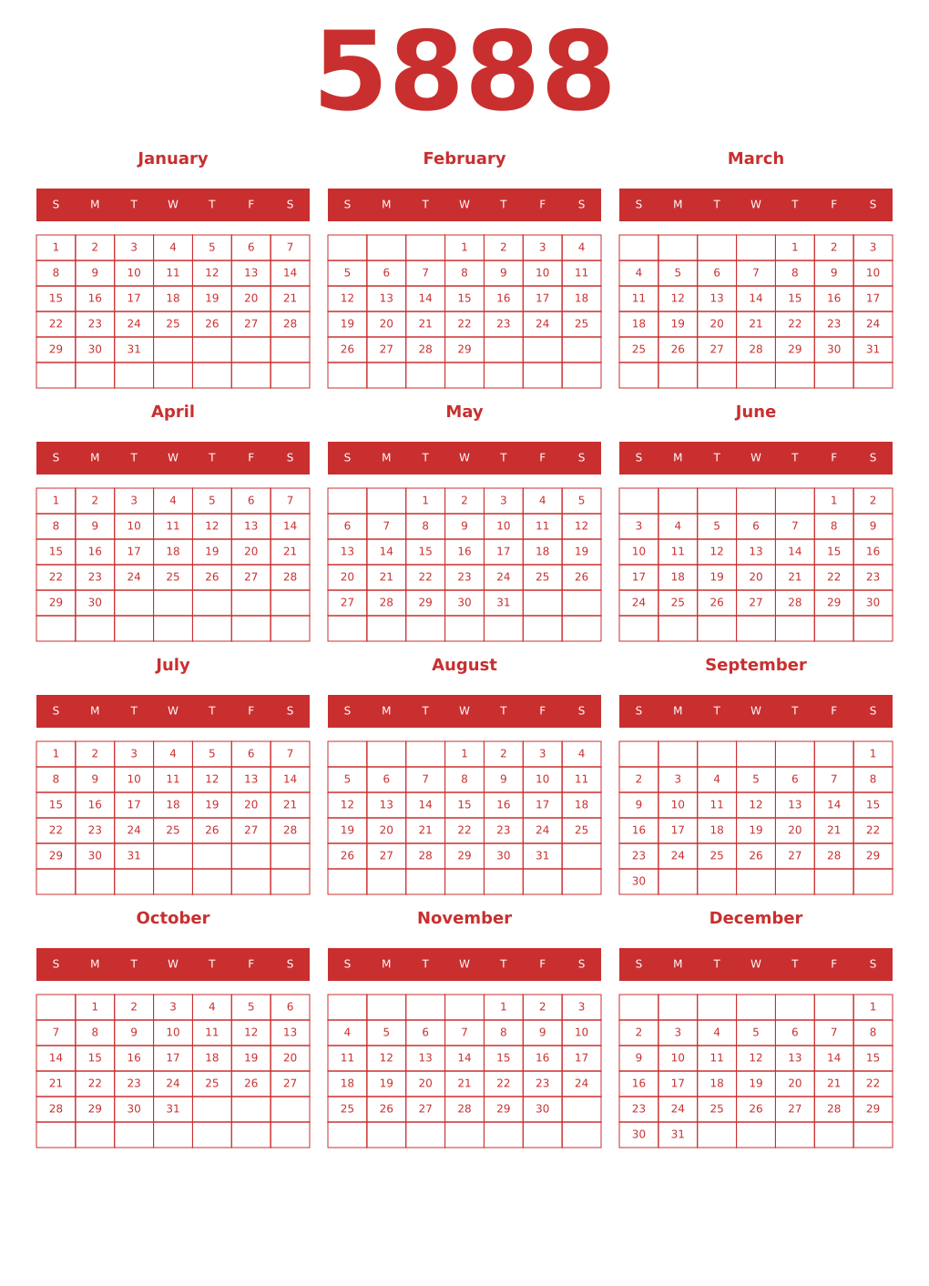 Printable 5888 Year Calendars red