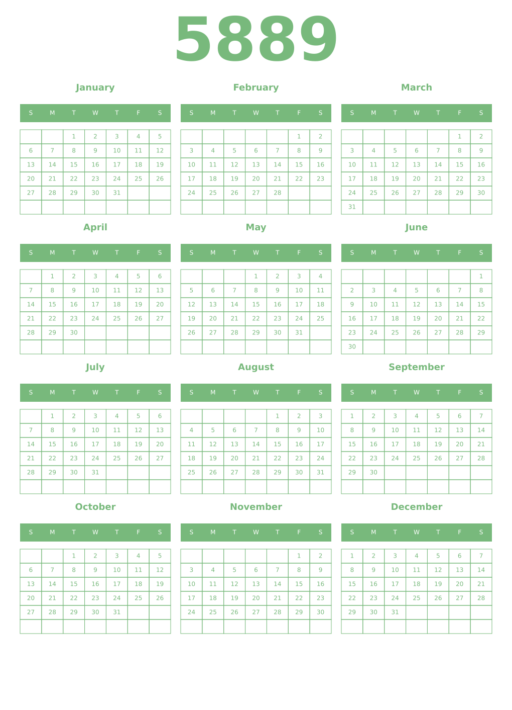 Printable 5889 Year Calendars celadon