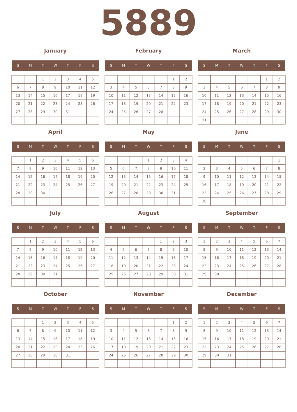 Printable 5889 Year Calendars coffe