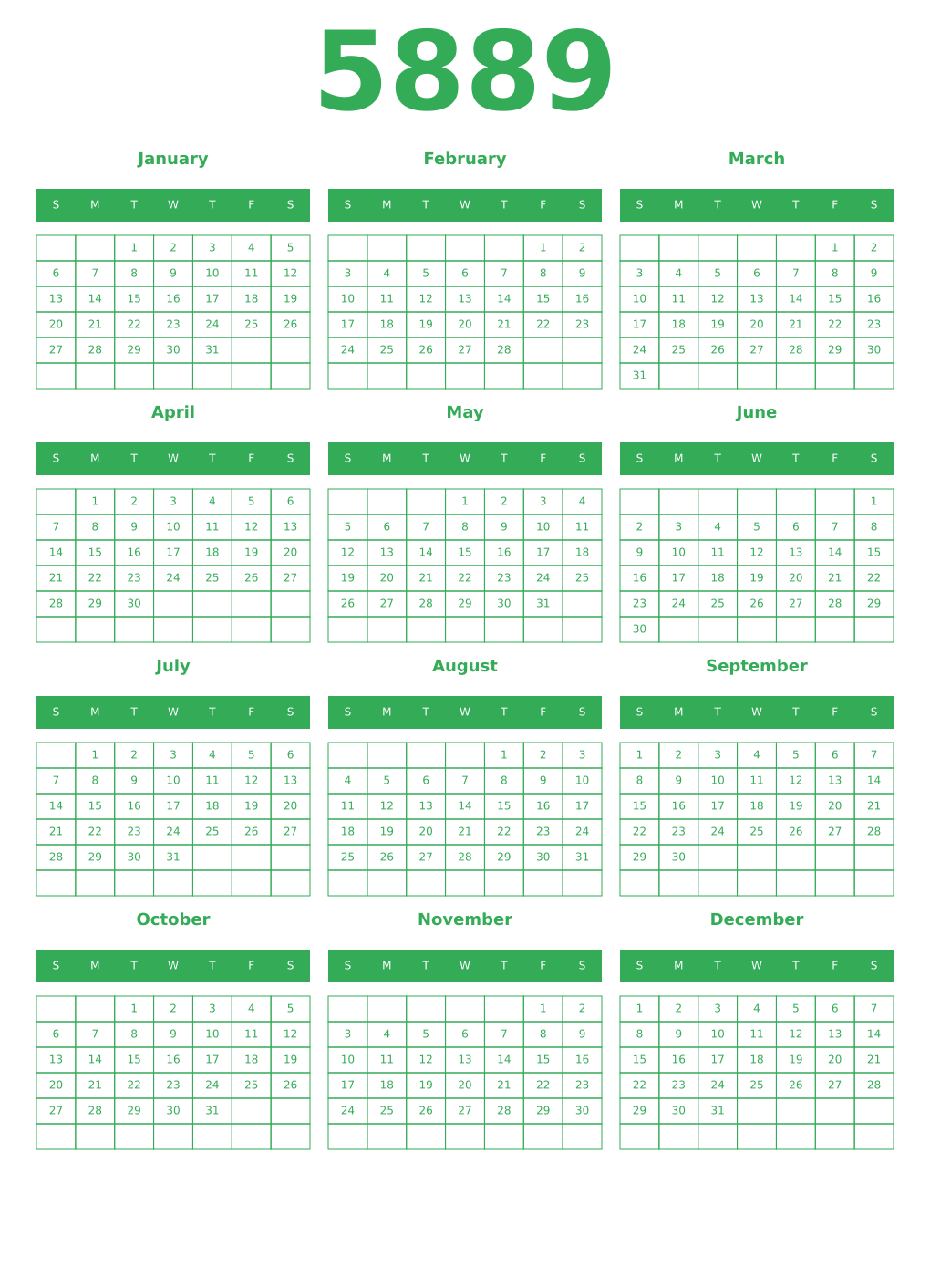 Printable 5889 Year Calendars green