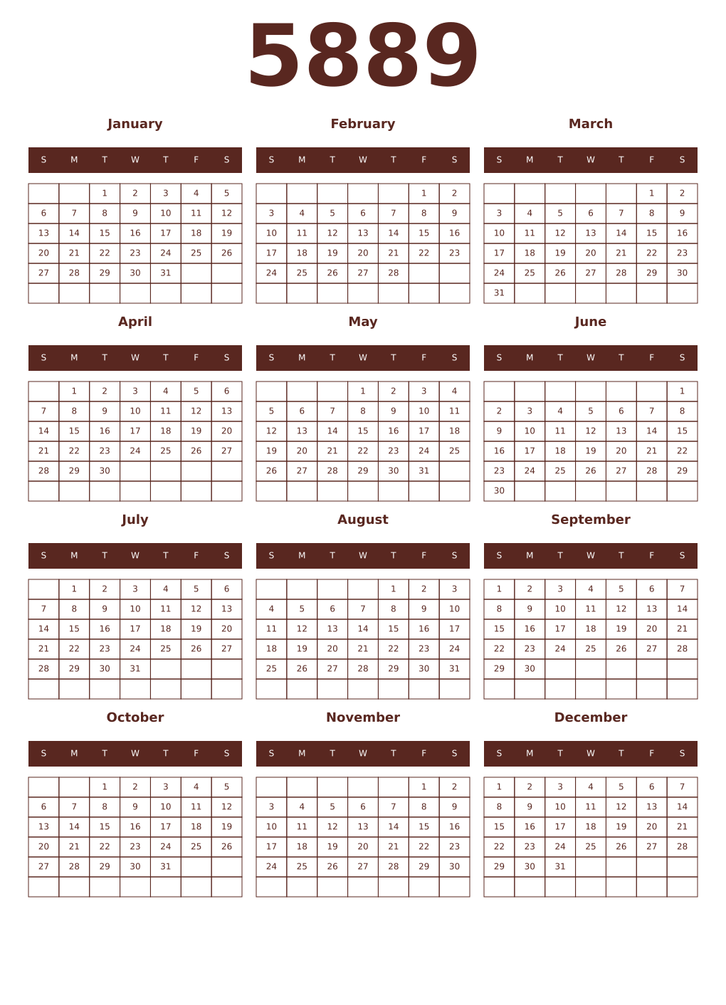 Printable 5889 Year Calendars mortuum