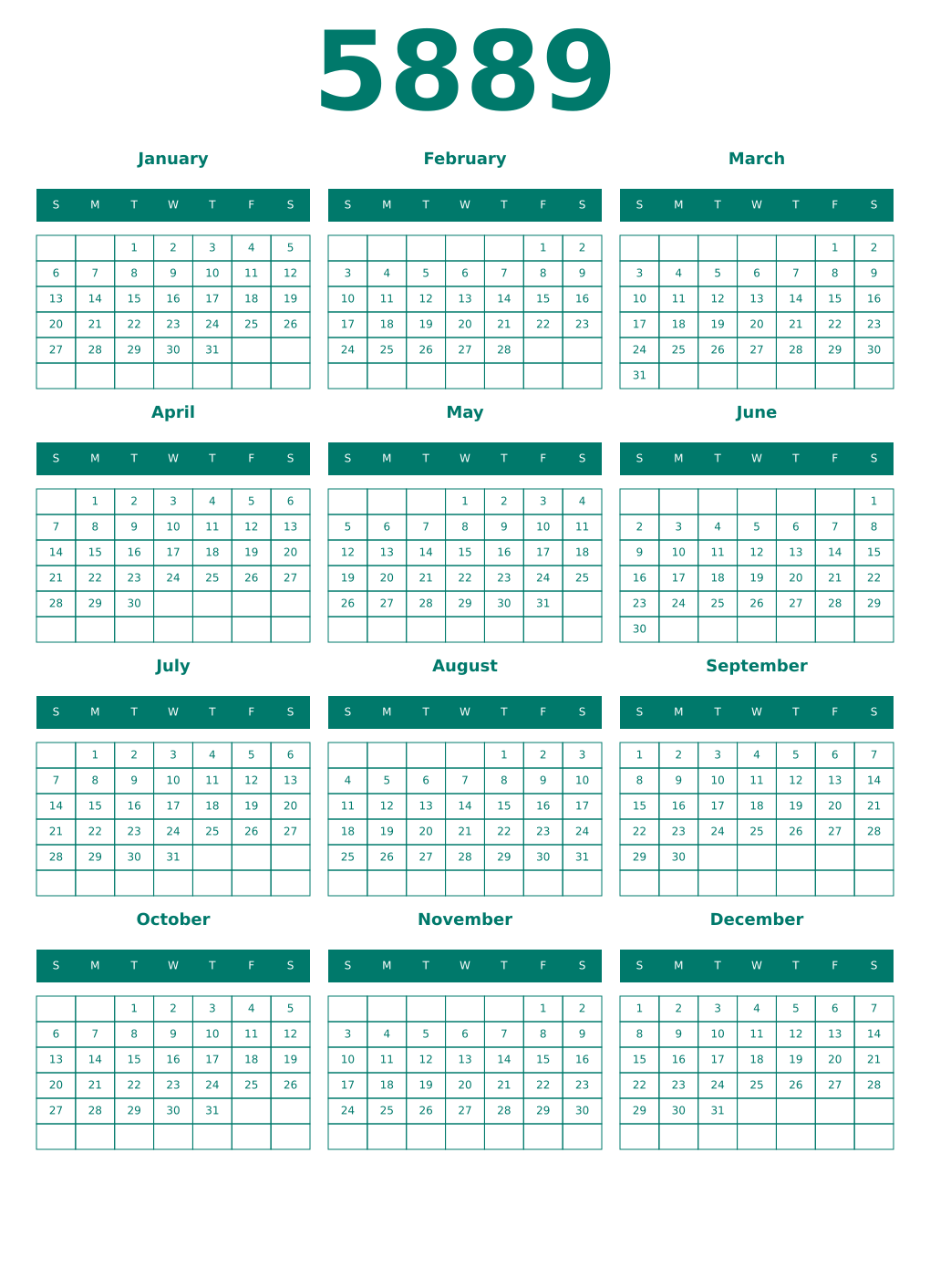 Printable 5889 Year Calendars pastel