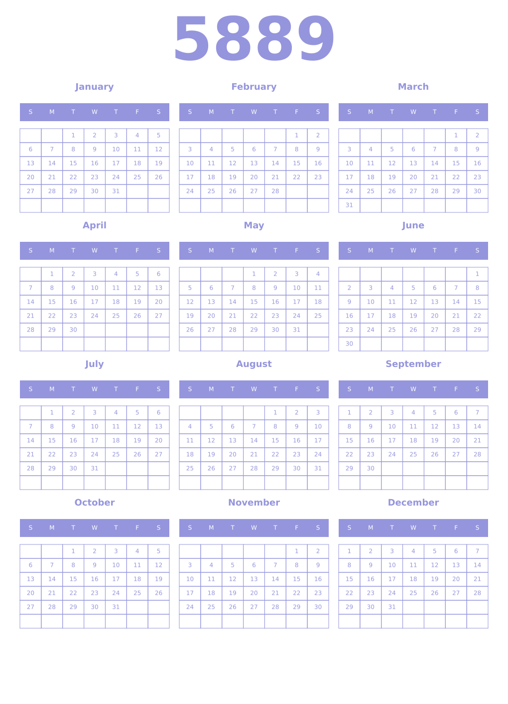 Printable 5889 Year Calendars periwinkle