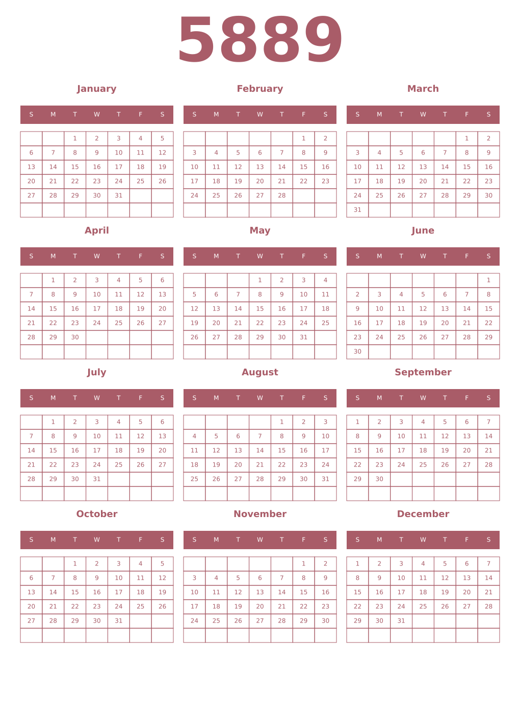 Printable 5889 Year Calendars puce
