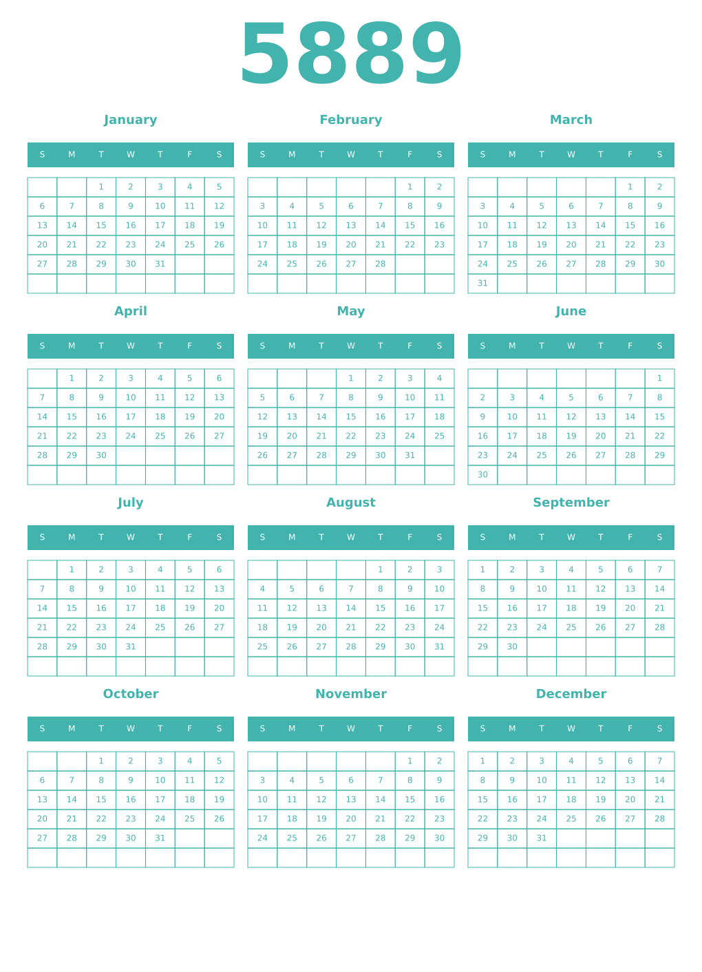 Printable 5889 Year Calendars verdigris