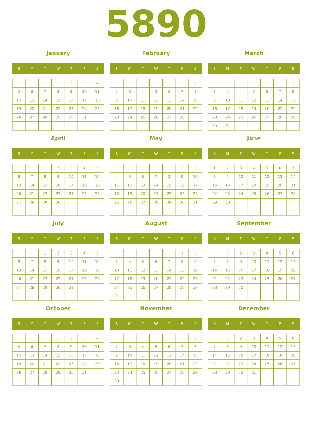 Printable 5890 Year Calendars chartreuse