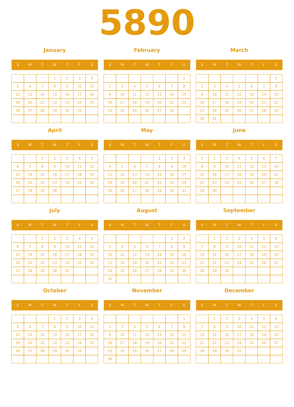 Printable 5890 Year Calendars gamboge