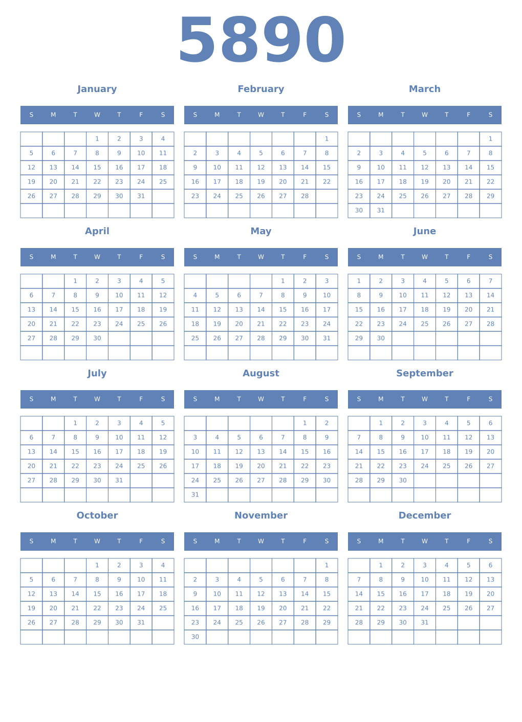 Printable 5890 Year Calendars glaucous