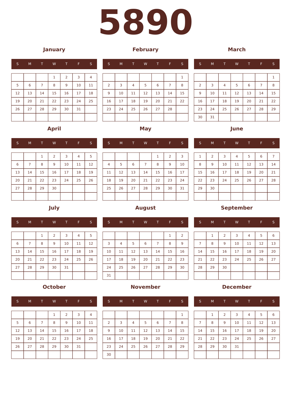 Printable 5890 Year Calendars mortuum