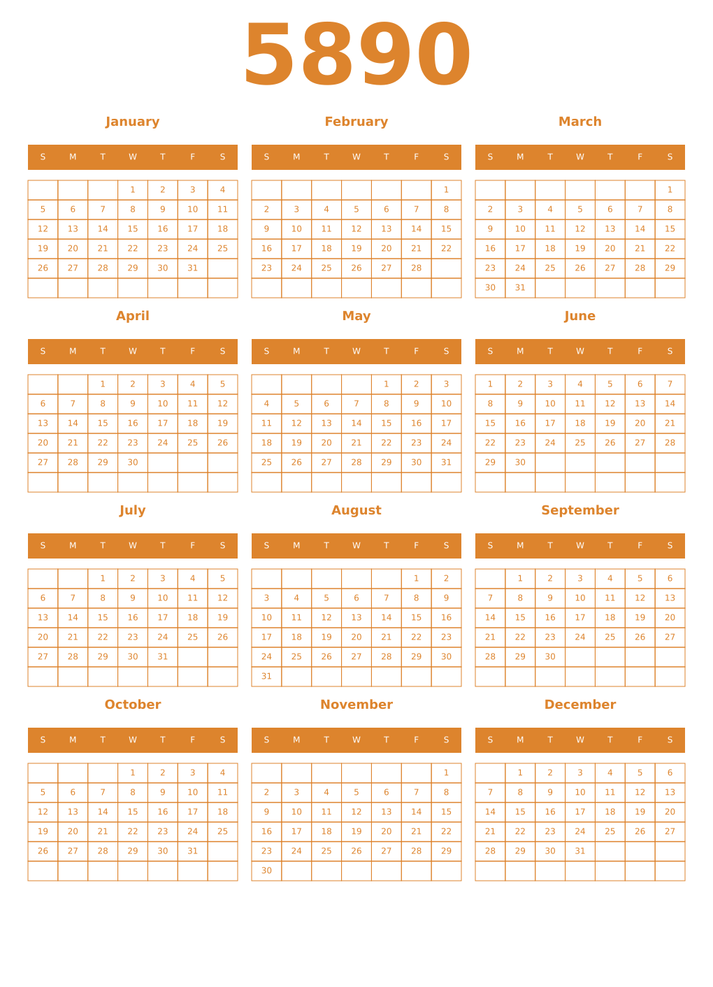 Printable 5890 Year Calendars orange