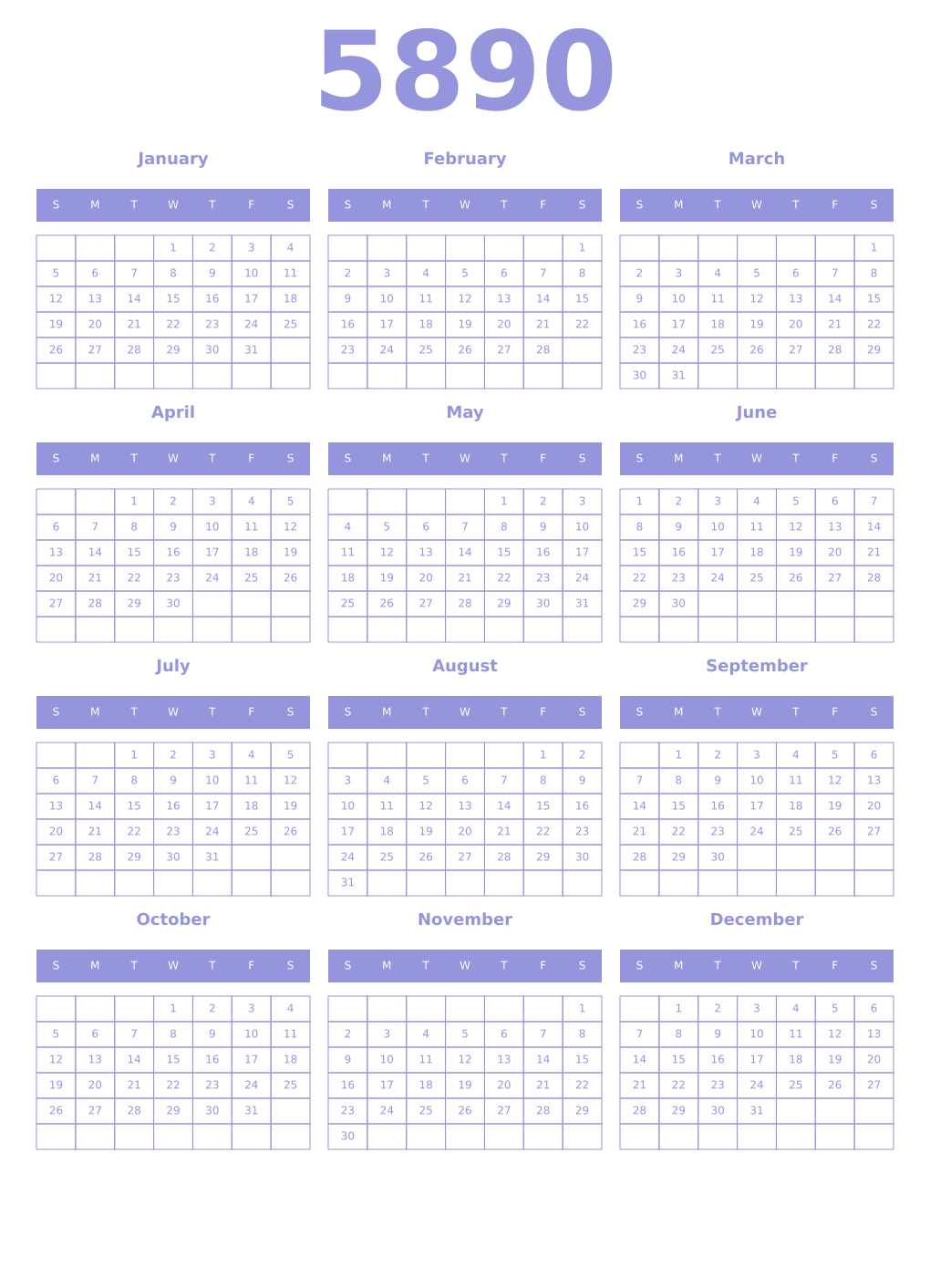Printable 5890 Year Calendars periwinkle