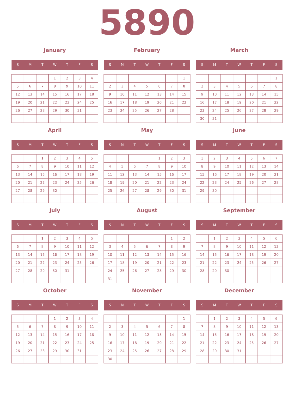 Printable 5890 Year Calendars puce