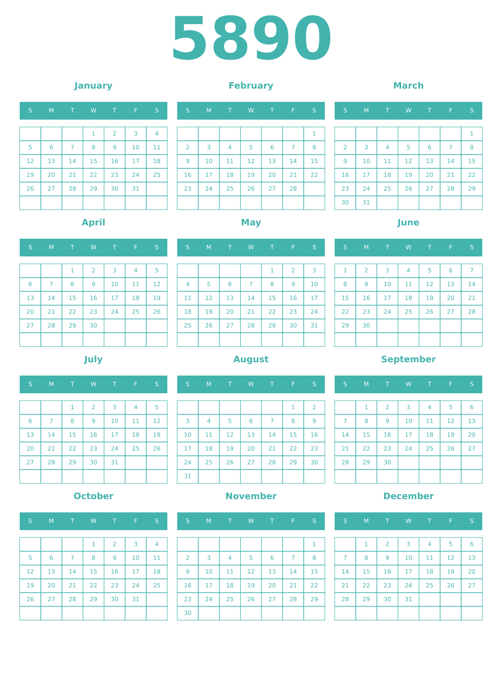 Printable 5890 Year Calendars verdigris