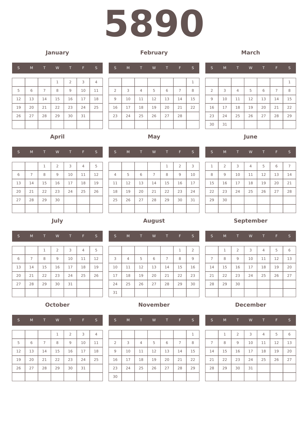 Printable 5890 Year Calendars wenge