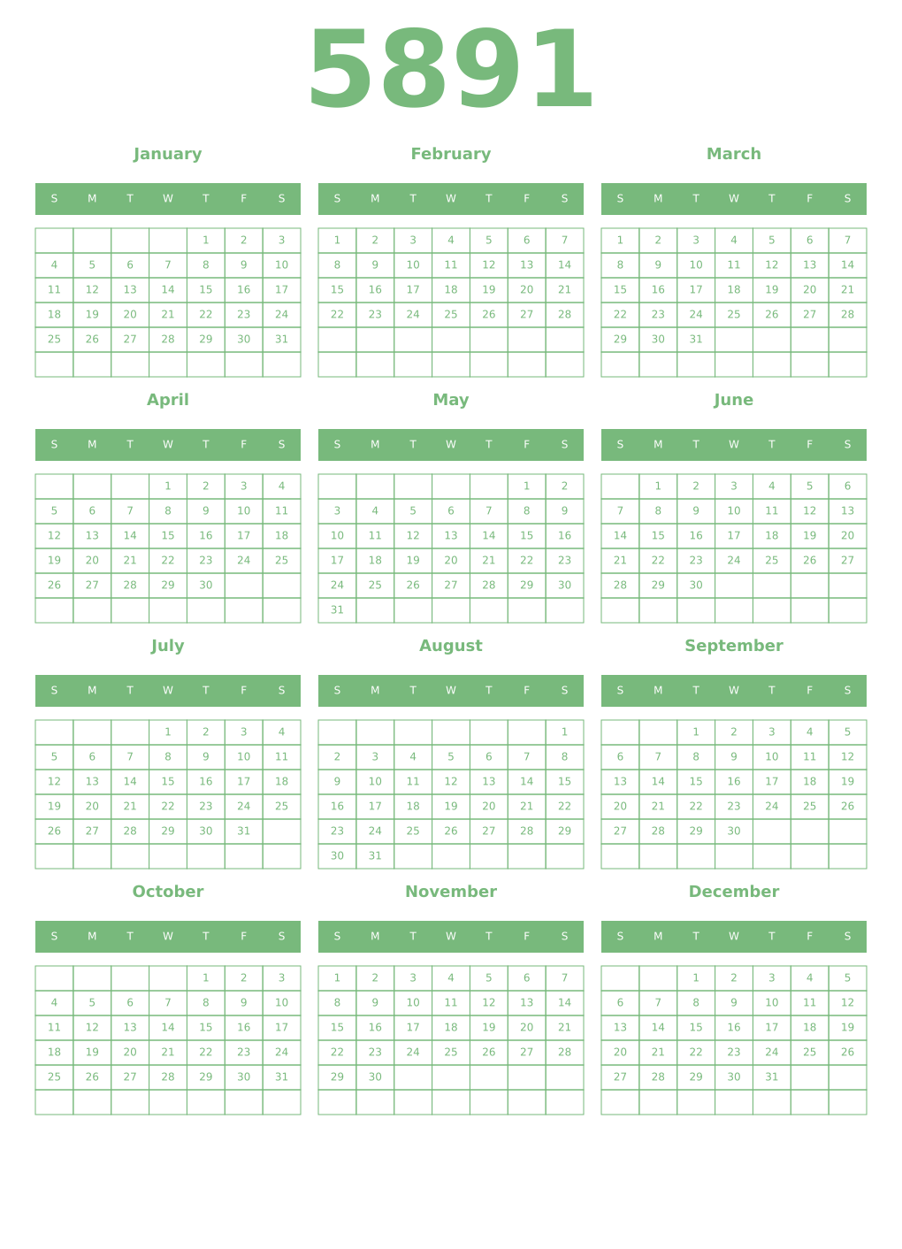 Printable 5891 Year Calendars celadon