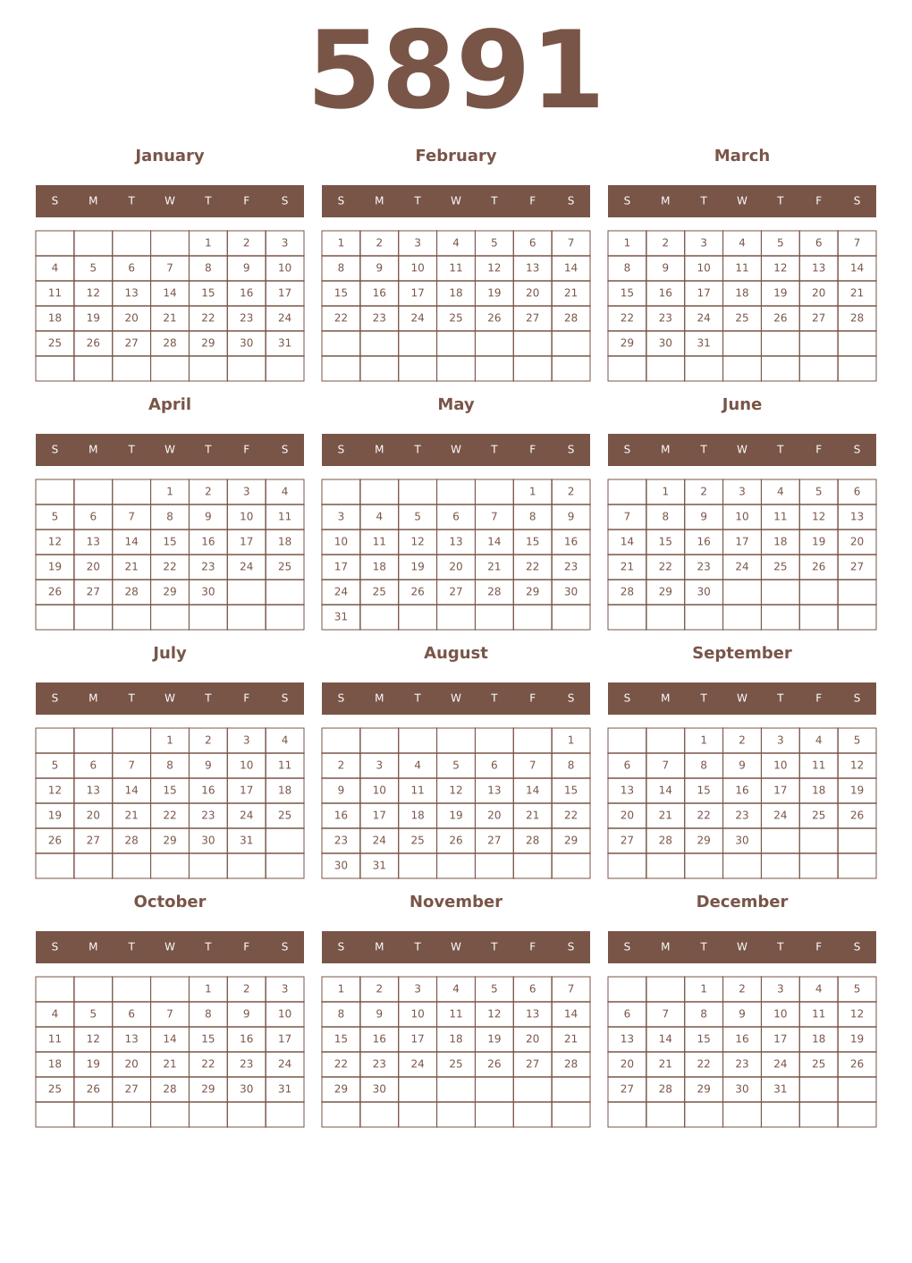 Printable 5891 Year Calendars coffe