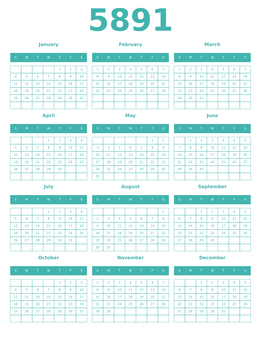 Printable 5891 Year Calendars verdigris