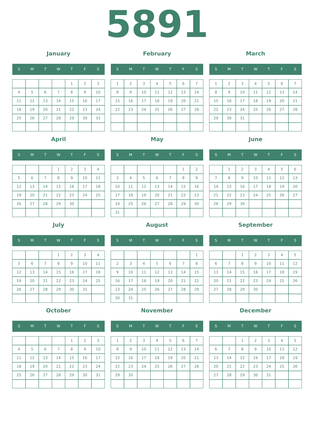 Printable 5891 Year Calendars viridian