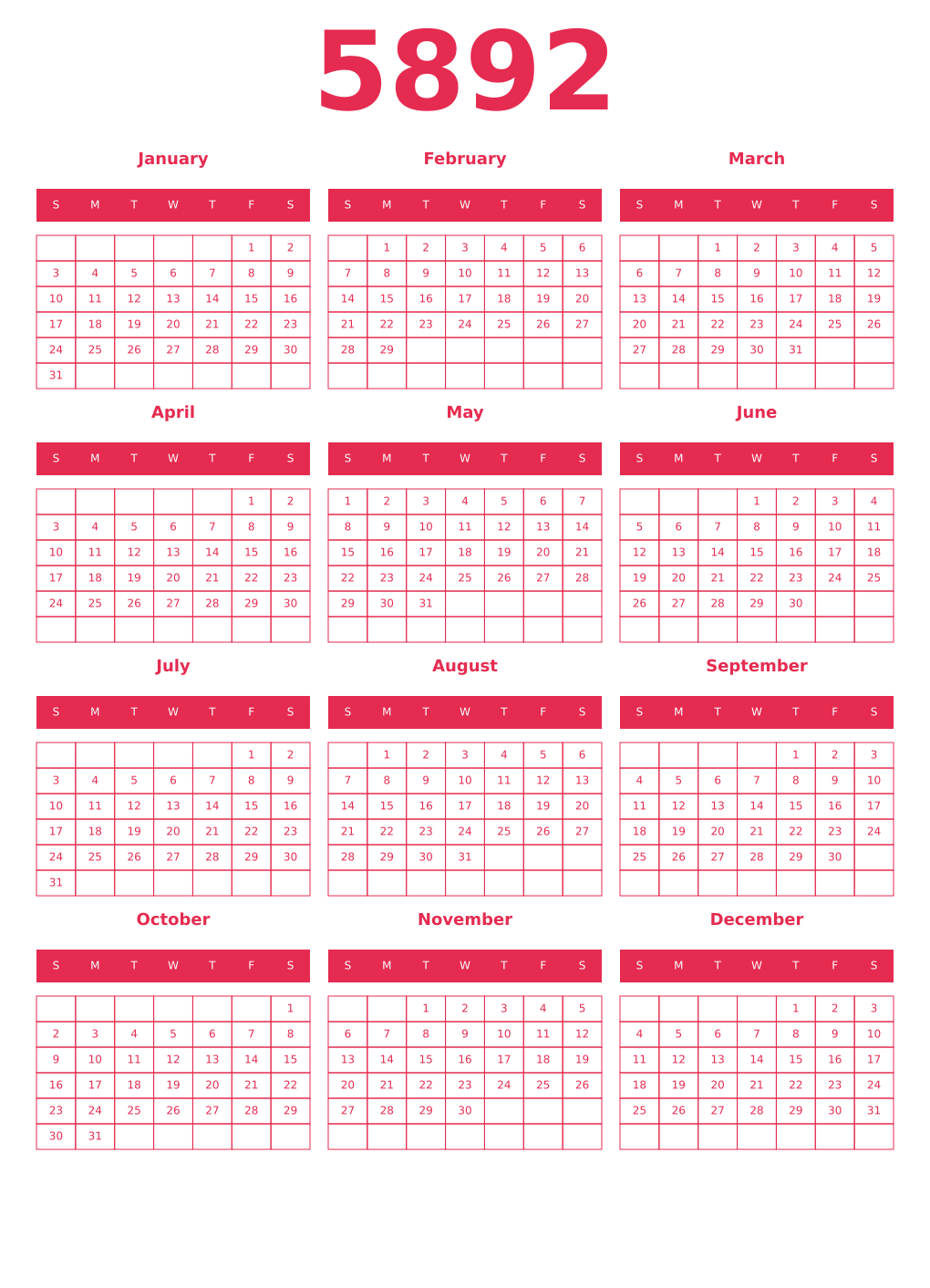 Printable 5892 Year Calendars amaranth