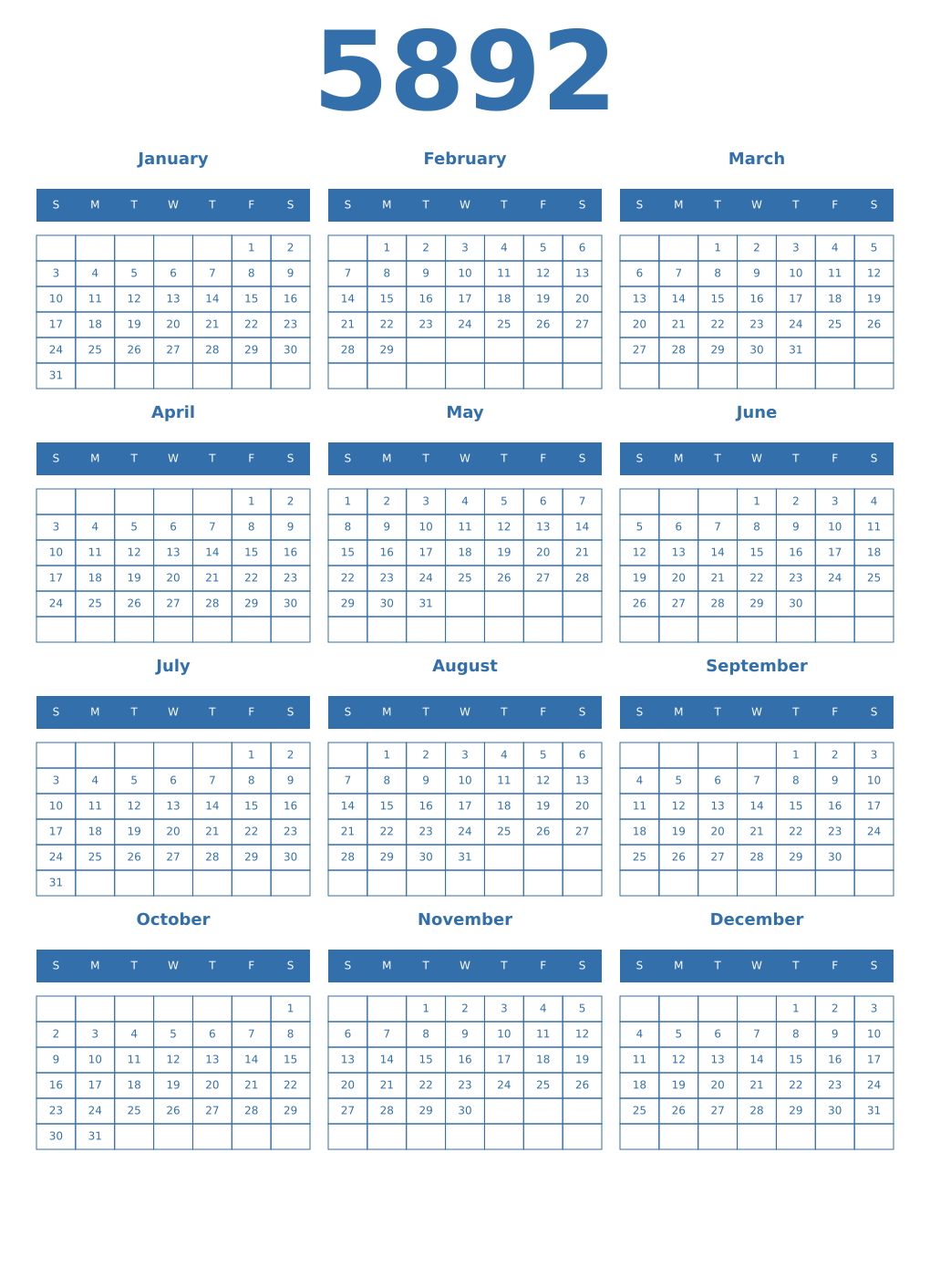 Printable 5892 Year Calendars blue