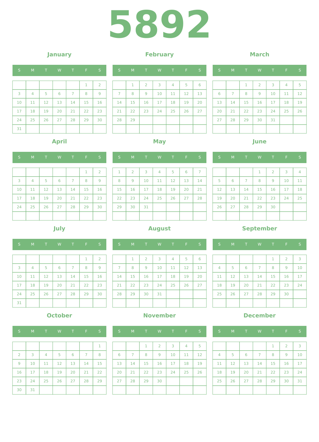 Printable 5892 Year Calendars celadon